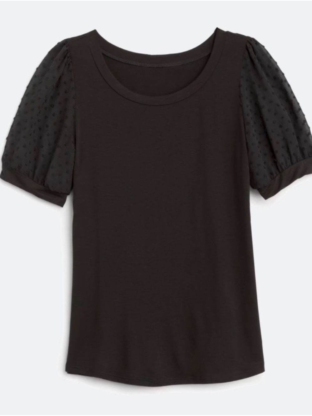 Women's Black Puff-Sleeve Tee with Dotted Mesh Sleeves